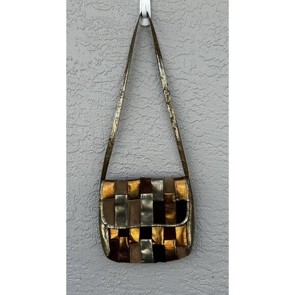 VTG 1980's Metallic Patchwork Leather Crossbody Bag Boho Purse Distressed Suede - Picture 9 of 12